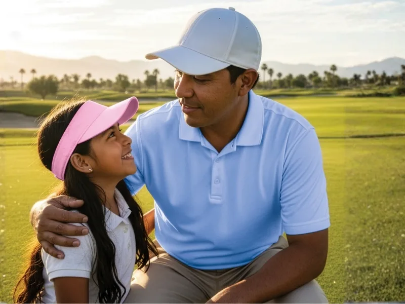 An adult and a youth playing golf together on a golf course.
