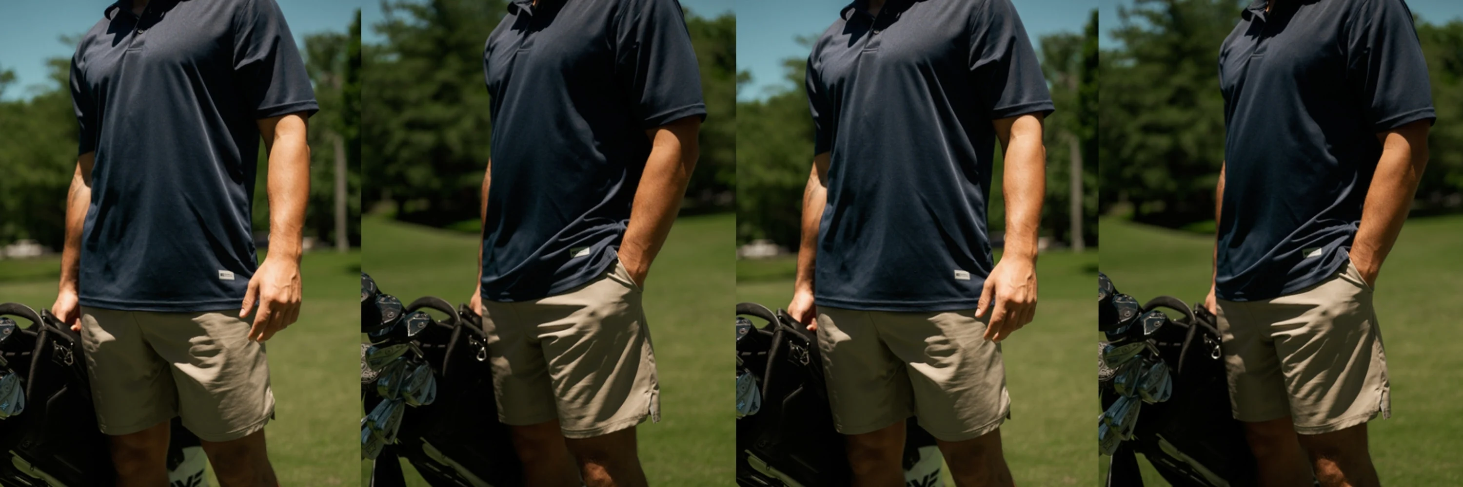 Athlete wearing navy Russell Athletic performance polo and tan athletic shorts, standing outdoors on a sunny golf course beside a golf bag, highlighting lightweight, breathable fabric for warm-weather activity.