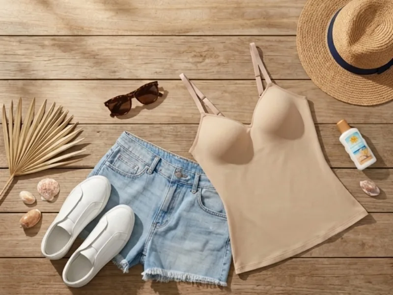 layflat of shapewear paired with a pair of jean shorts, tennis shoes, sunglasses and beach hat.