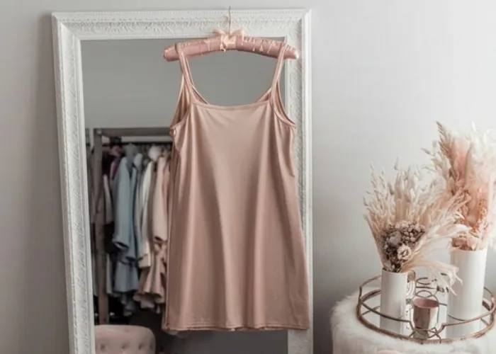 a tan Everyday Layers™ SpinSlip® on a hanger in front of a mirror