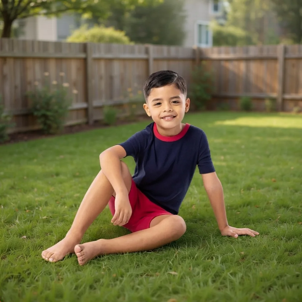 young boy sitting in the backyard in a fruit of the loom blue shirt and red shorts 