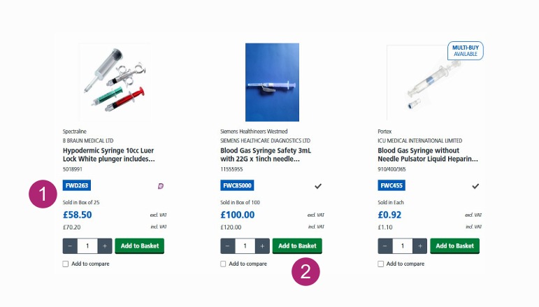A numbered guide with products showing how to add products to your shopping basket