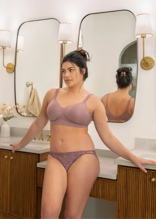 model wearing the new breathable luxe simple sizing bra