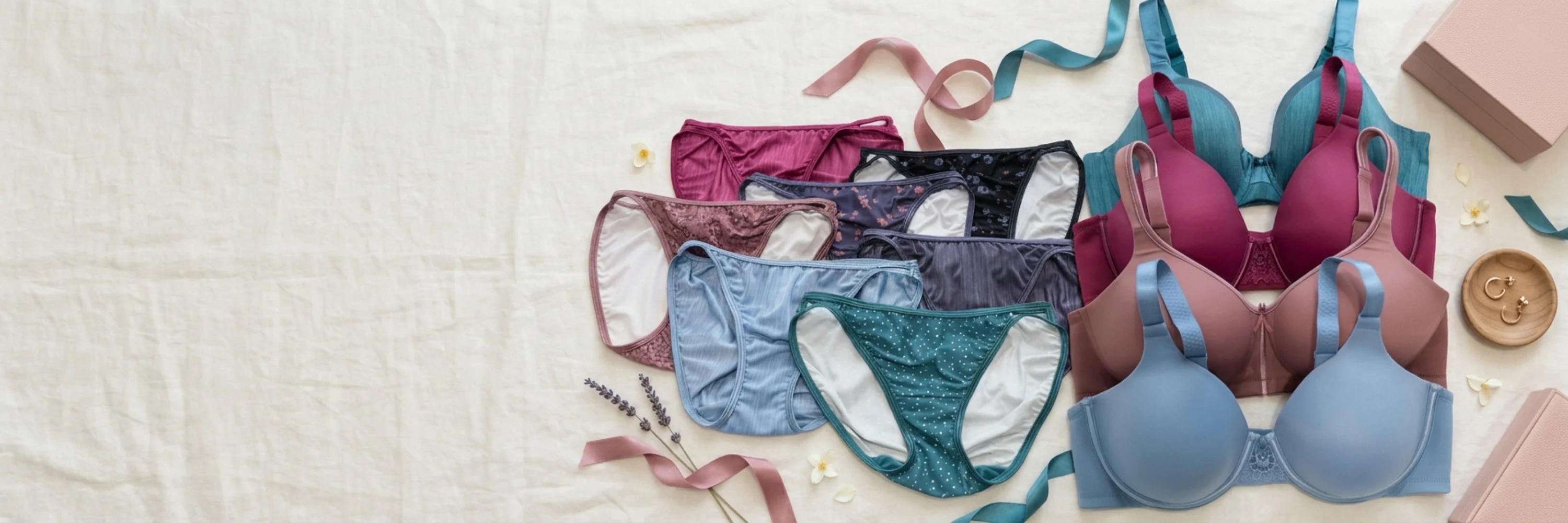 Collection of women's bras and panties in a variety of colors and styles, including smooth and lace designs, displayed on a marble surface.