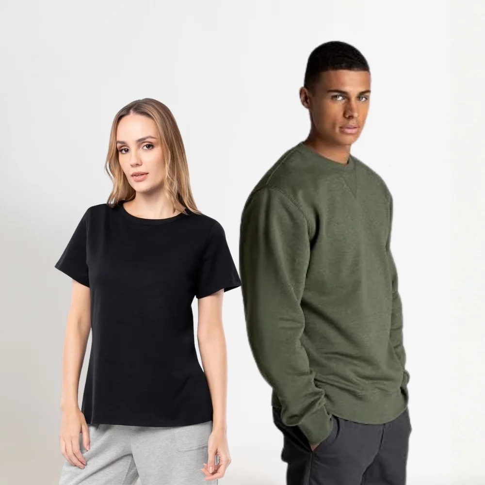 male model wearing a black fruit of the loom tee male model wearing dark green sweatshirt