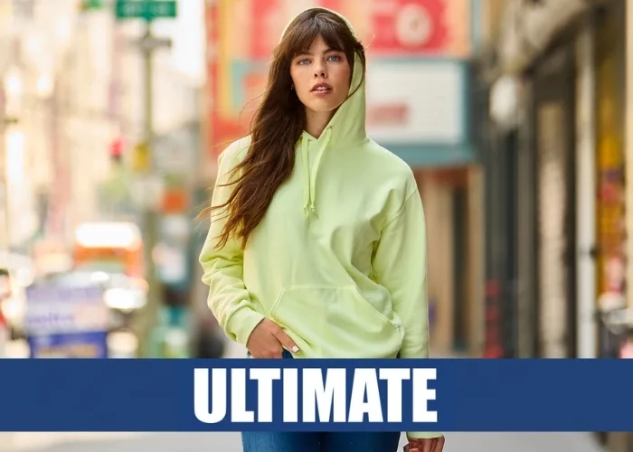 Light green hooded sweatshirt from the Jerzees Ultimate collection. with text overlay ultimate