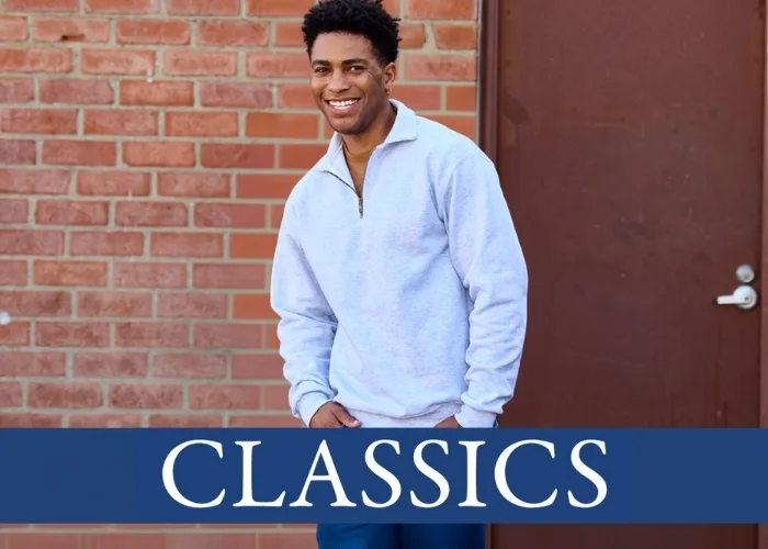 Light gray quarter-zip sweatshirt from the Jerzees Classics collection. with text overlay Classics