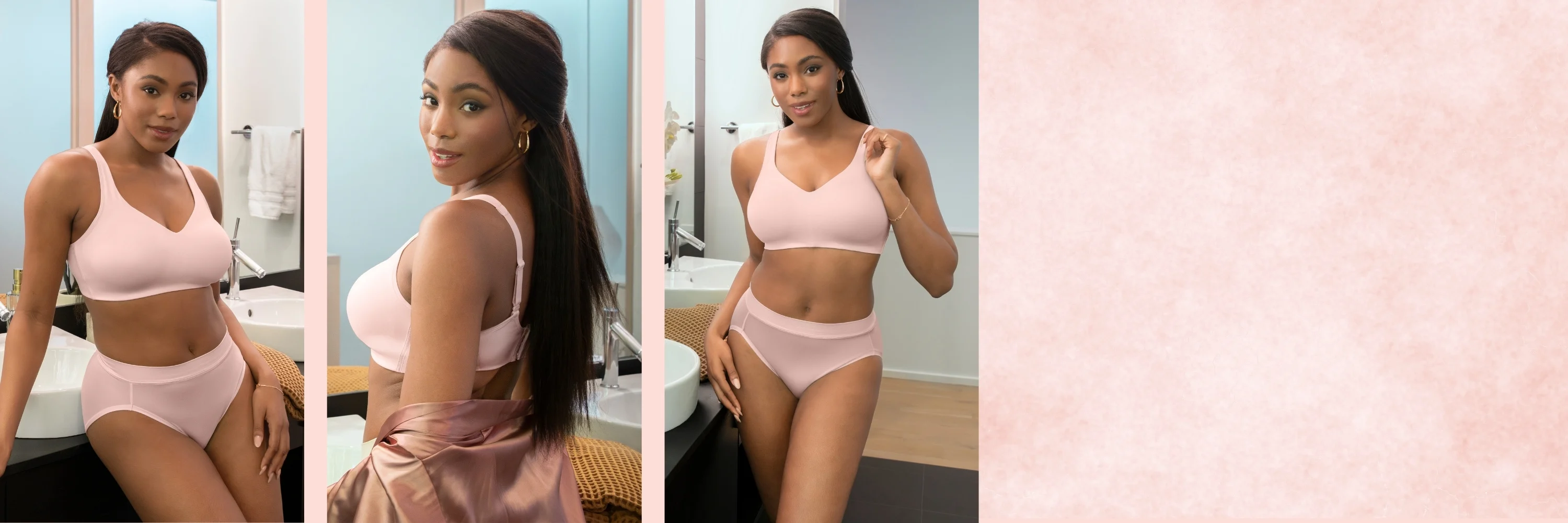Models wearing Vanity Fair Lingerie sheer quartz simple sizing bra.