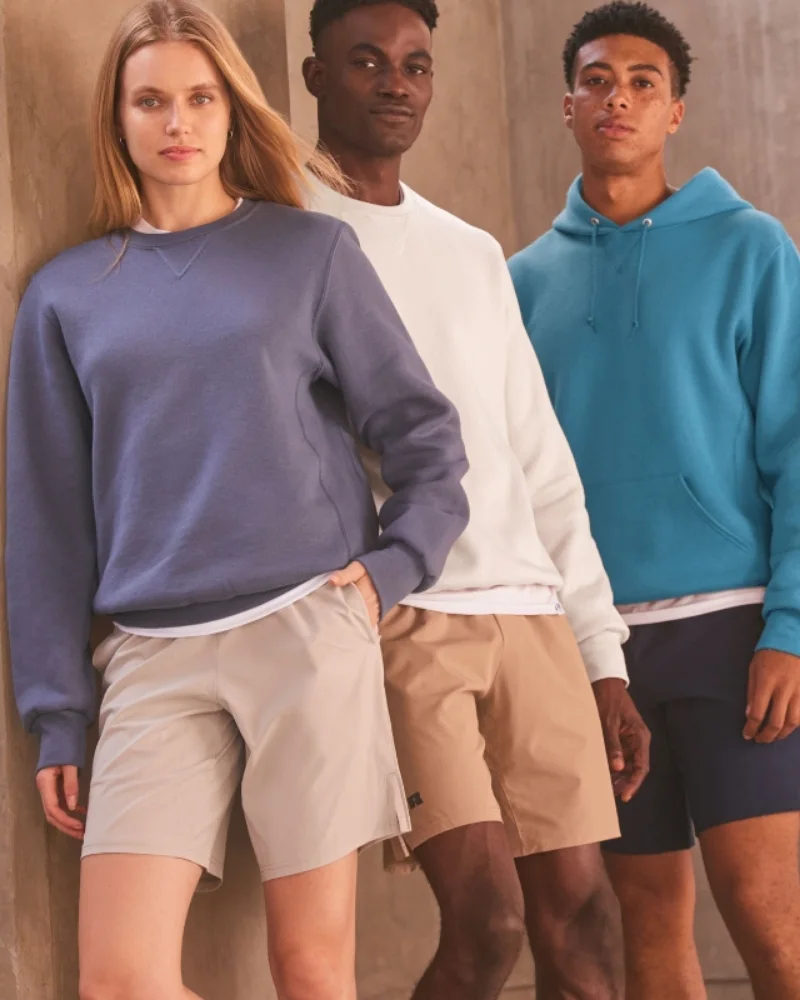 models wearing Russell athletic sweatshirts, hoodies and shorts.