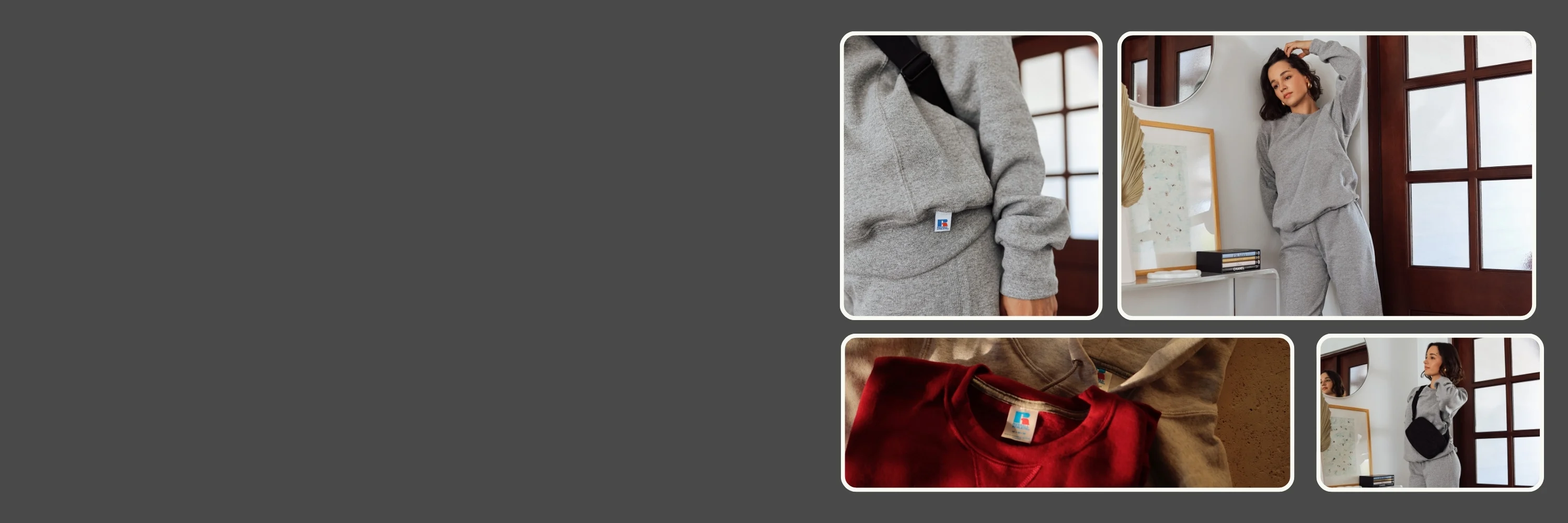 Russell Athletic fleece apparel collection featuring gray sweatsuits, a red crewneck sweatshirt, and everyday athleisure looks.