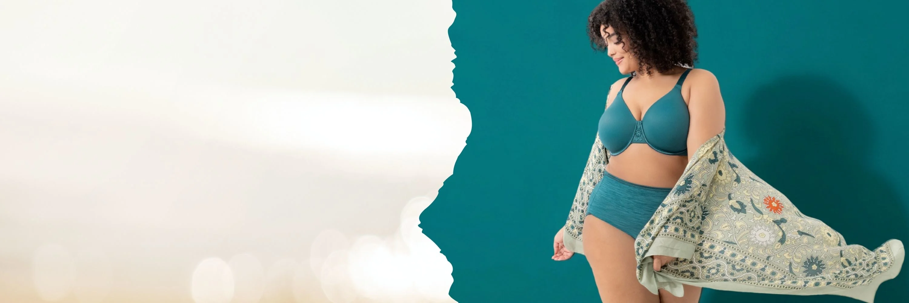 Model wearing a teal underwire beauty back bra against a teal and white background with soft shadows and clean studio styling.