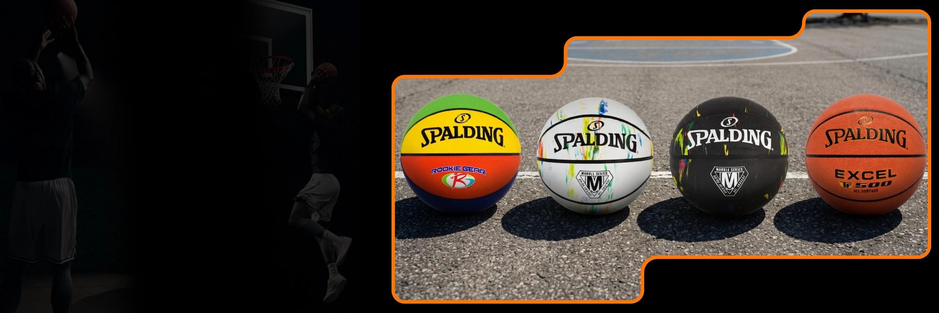 Four Spalding basketballs, including Rookie Gear, Marble Series, and Excel TF-500 models, displayed on an outdoor asphalt basketball court.