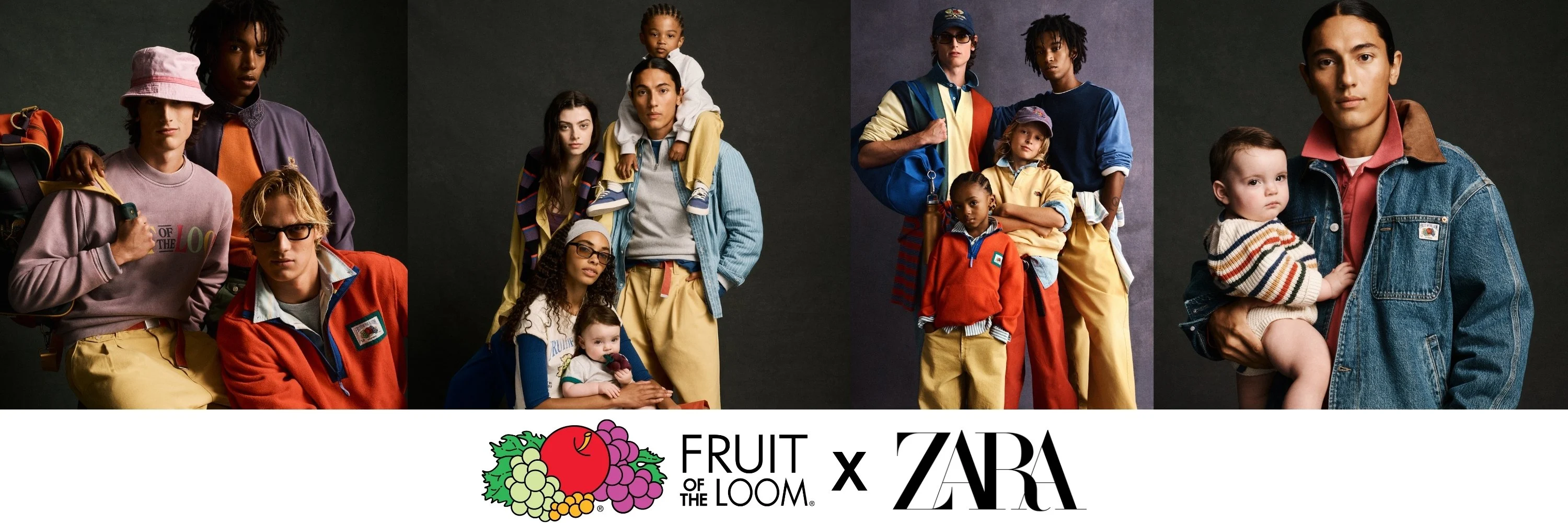 Fruit of the Loom x ZARA capsule collection showcasing vintage logo sweatshirts and retro tees, jackets, sweatshirts, pants and more/