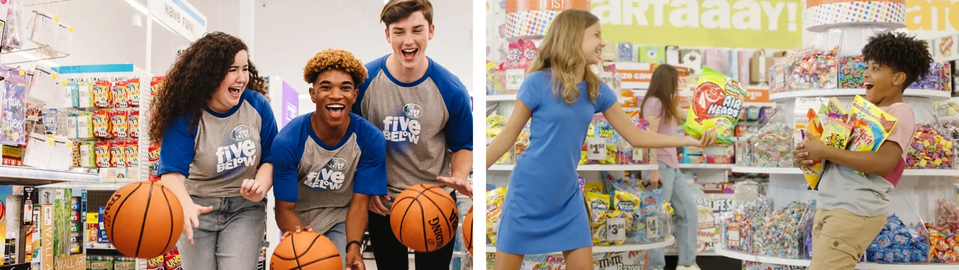 Two scenes inside a colorful Five Below store. On the left, three teenagers in matching Five Below shirts laugh while playing with basketballs in the toy aisle. On the right, a group of kids excitedly grab large candy bags and treats from shelves filled with vibrant candy packaging. The atmosphere is energetic and fun.