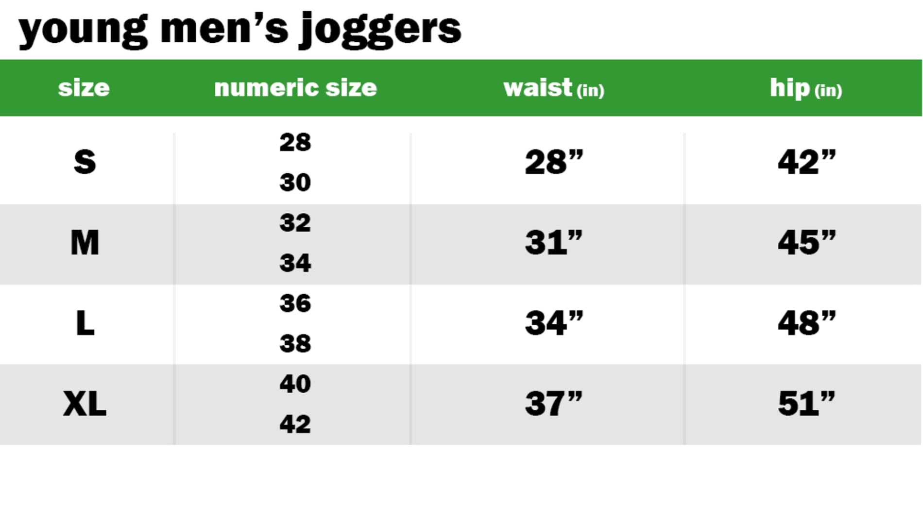 YOUNG MENS JOGGERS SIZE: SMALL: NUMERIC SIZE EQUIVALENT: 28 AND 30 | WAIST: 29"-30" | HIP: 37"-38" SIZE: MEDIUM: NUMERIC SIZE EQUIVALENT: 32 AND 34 | WAIST: 31"-32" | HIP: 39"-40" SIZE: LARGE: NUMERIC SIZE EQUIVALENT: 36 AND 38 | WAIST: 34"-35" | HIP: 41"-42" SIZE: EXTRA LARGE: NUMERIC SIZE EQUIVALENT: 40 AND 42 | WAIST: 36"-37" | HIP: 44"-45"