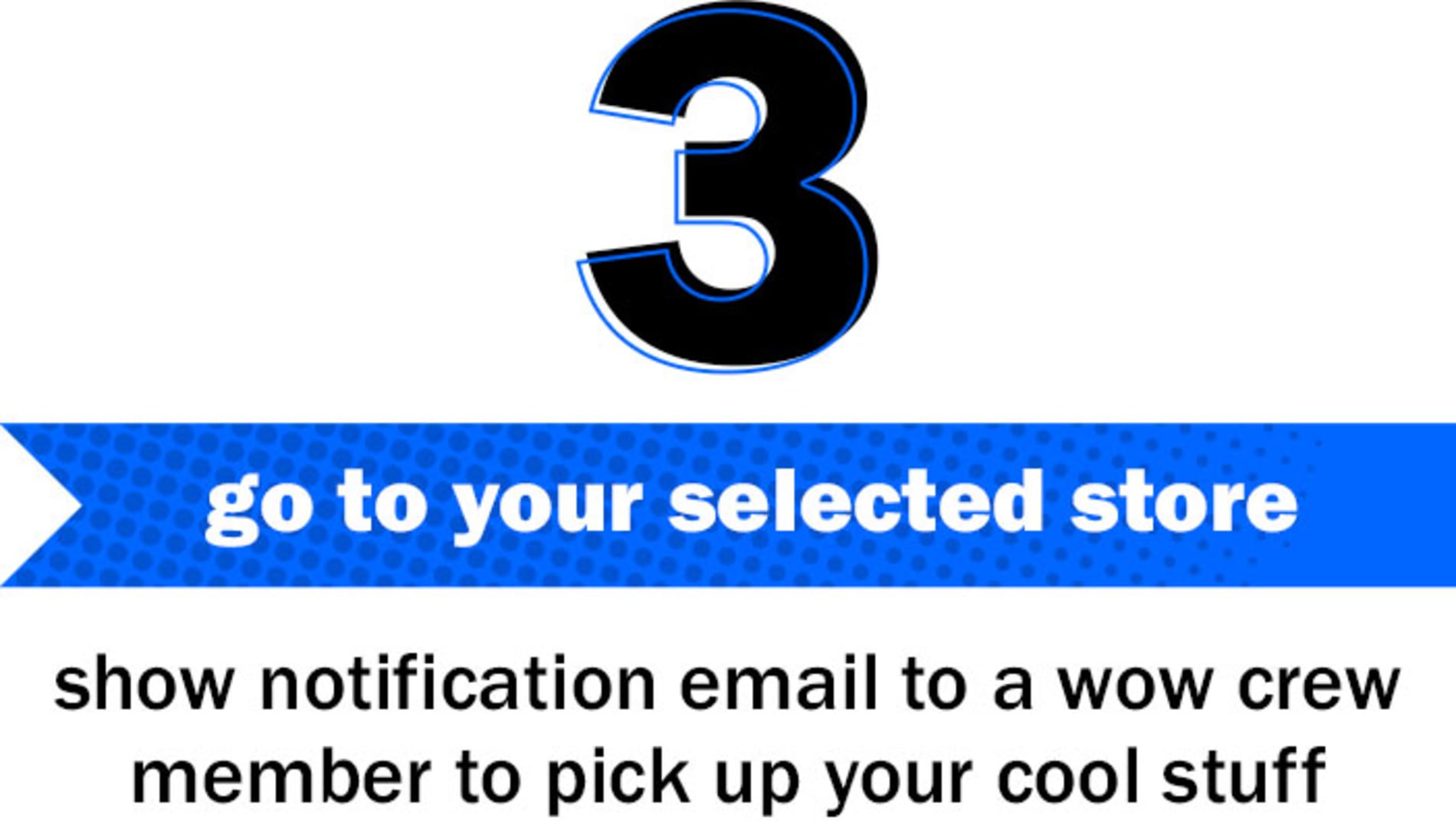 3. go to your selected store. show notification email to a wow crew member to pick up your cool stuff.