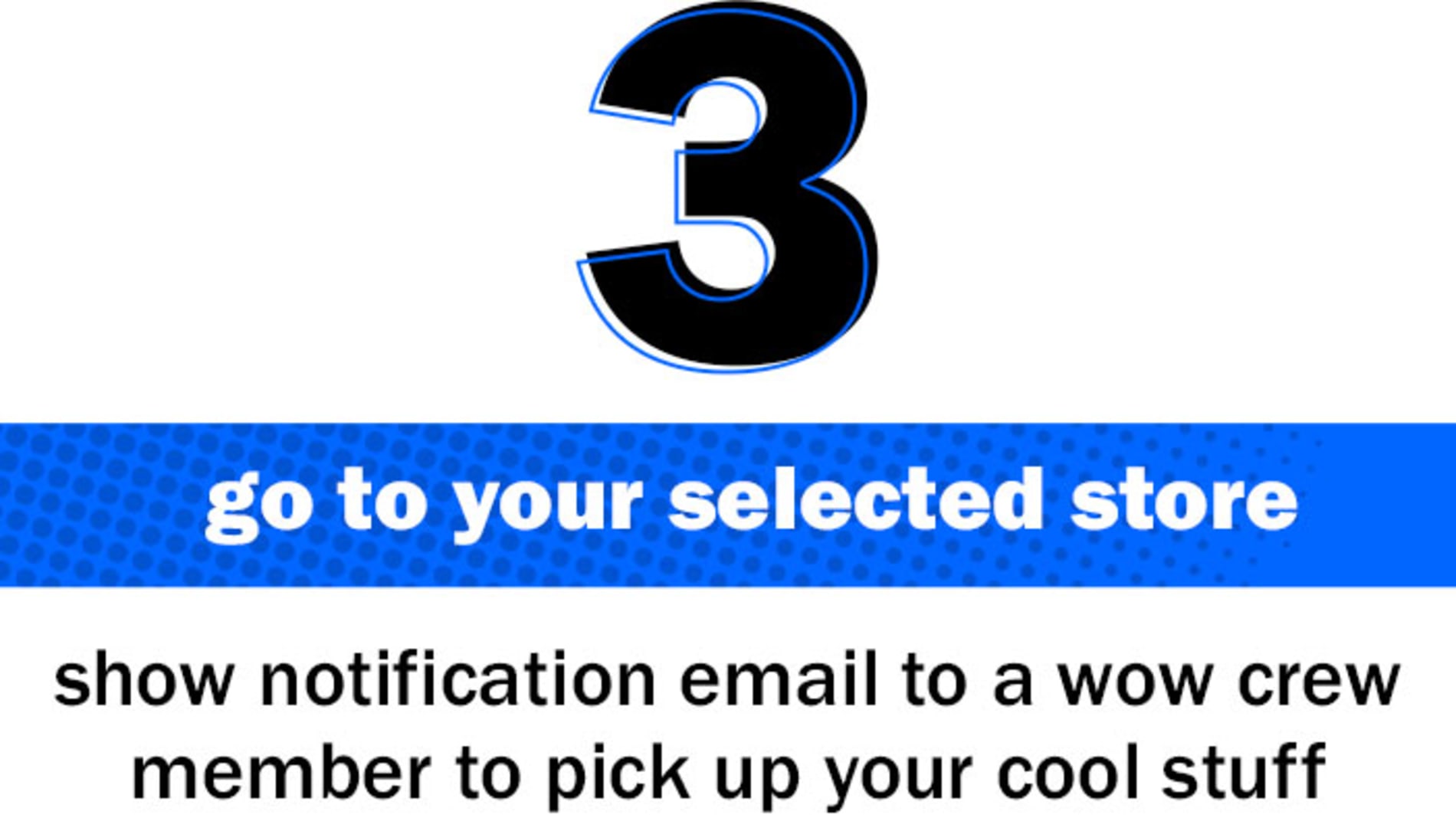 3. go to your selected store. show notification email to a wow crew member to pick up your cool stuff.