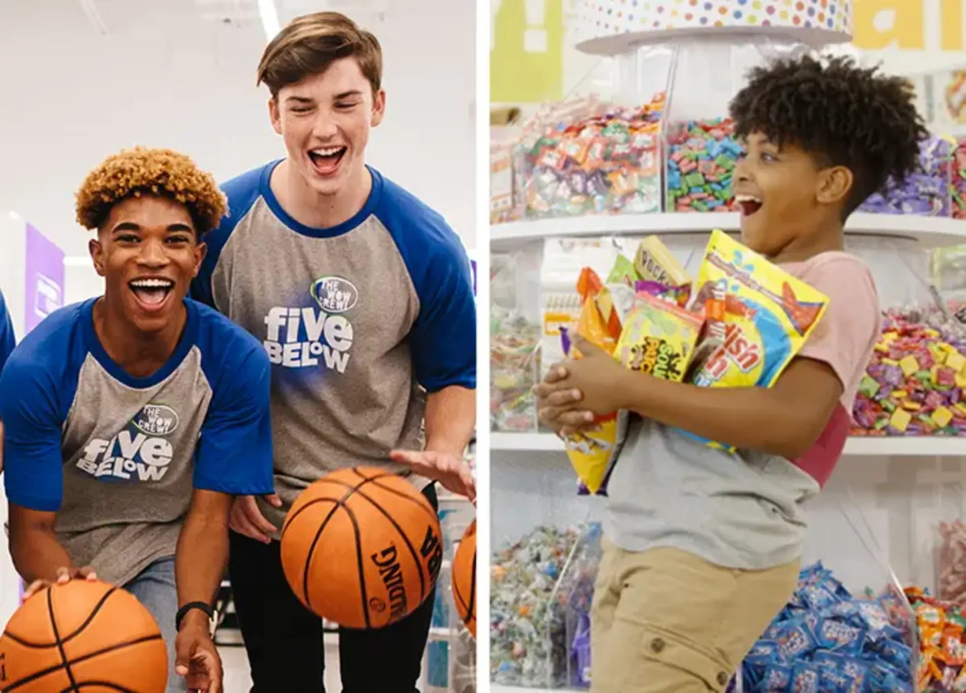 Two scenes inside a colorful Five Below store. On the left, three teenagers in matching Five Below shirts laugh while playing with basketballs in the toy aisle. On the right, a group of kids excitedly grab large candy bags and treats from shelves filled with vibrant candy packaging. The atmosphere is energetic and fun.