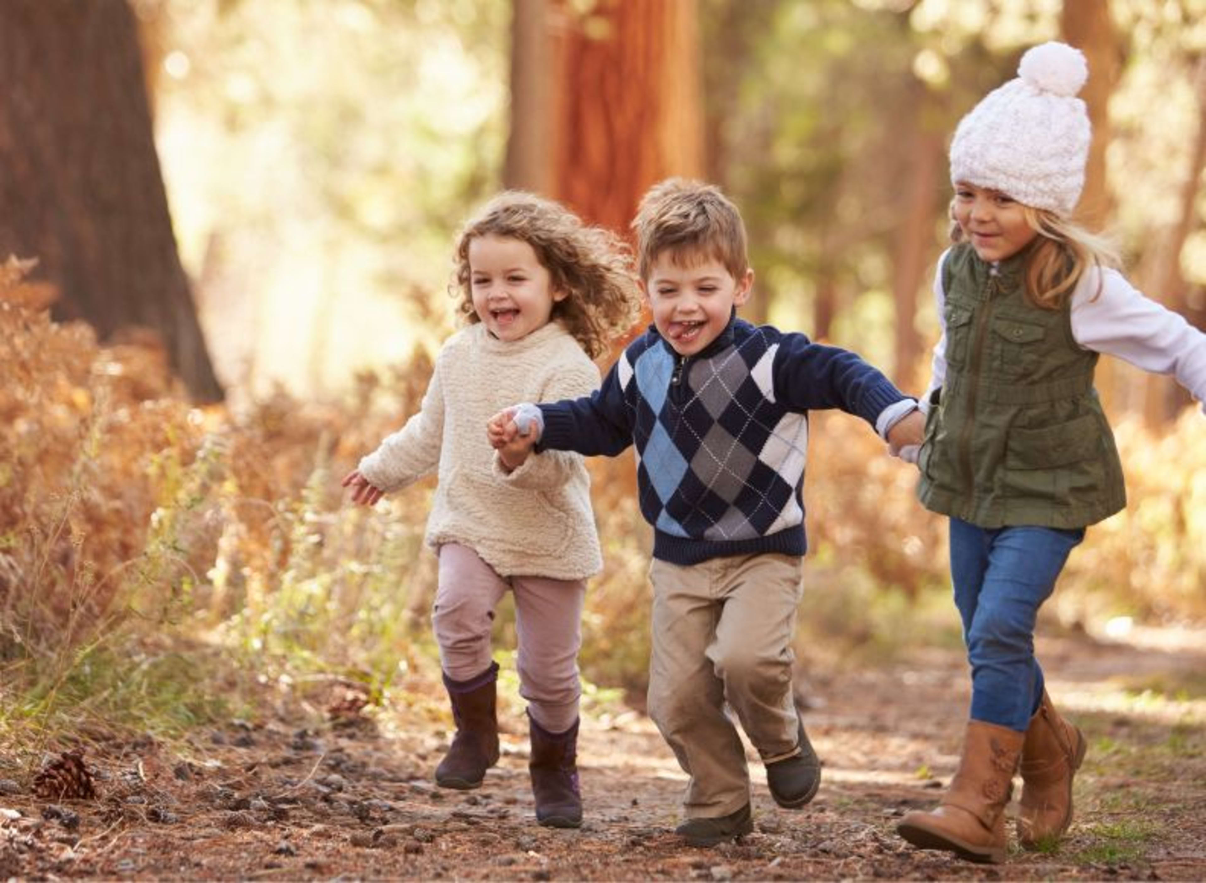 Drei Kinder rennen im Wald.