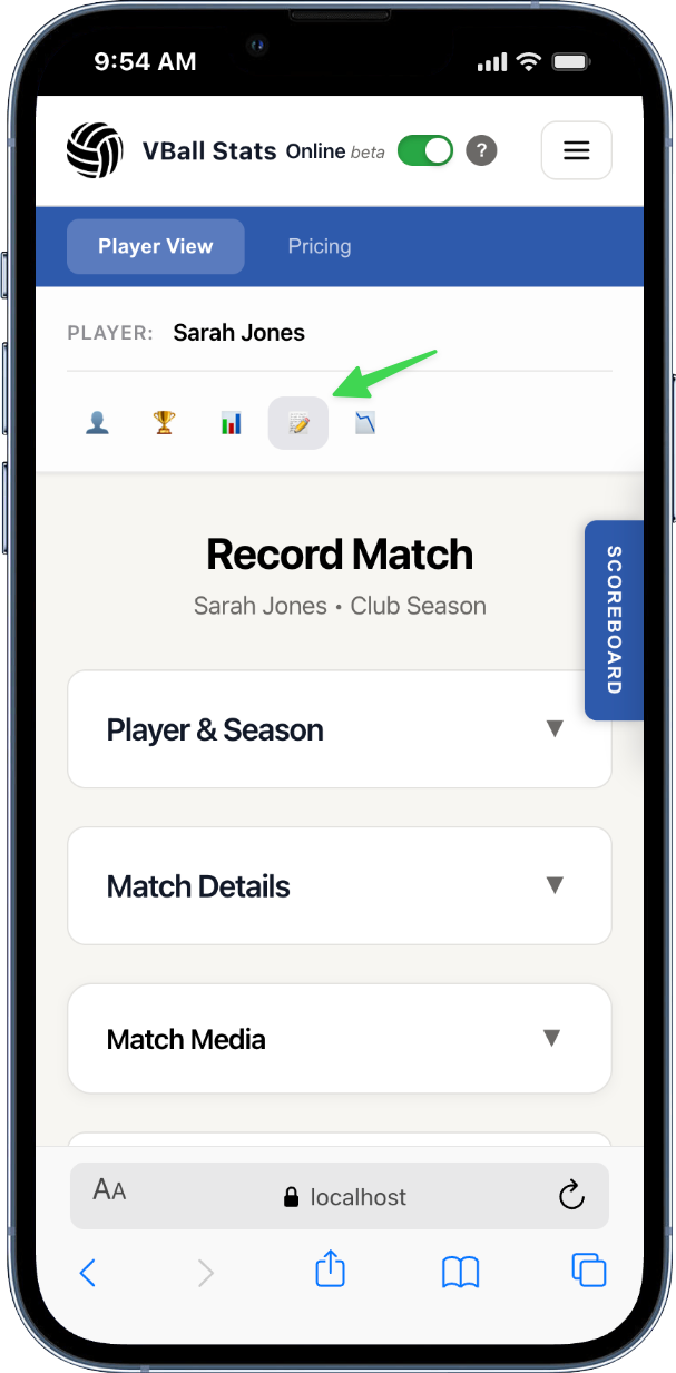 VBallStats Record Match Mobile View