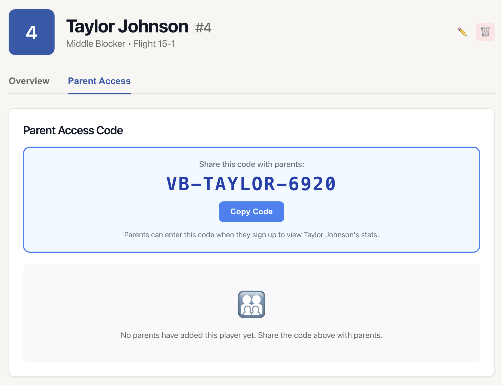 VBallStat Player Parent Access Code