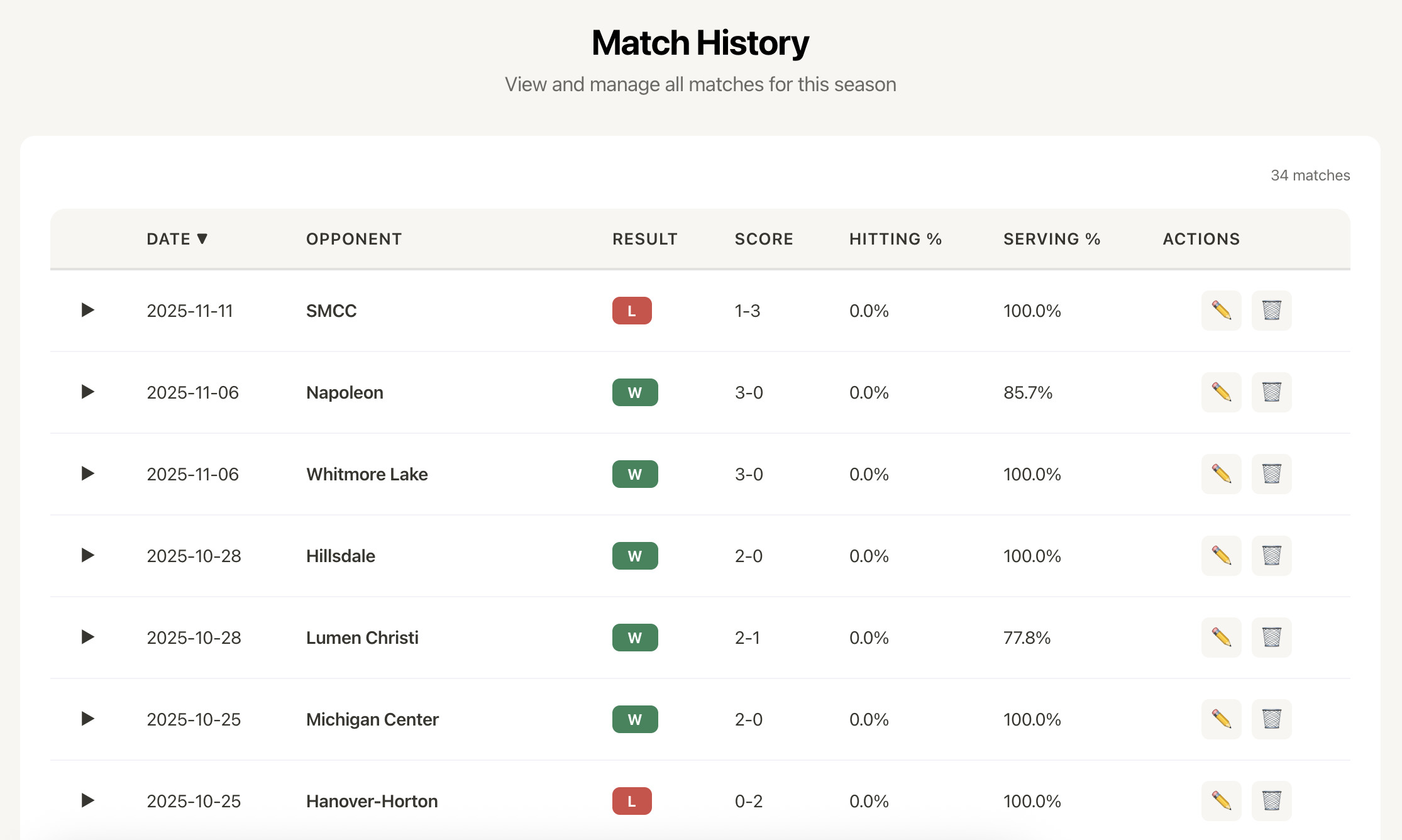 VBallStat Match History Table