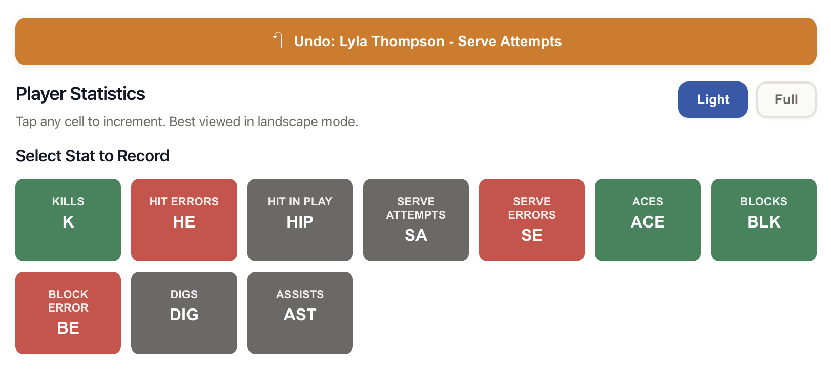 VballStat Record Team Match Light Stat Options