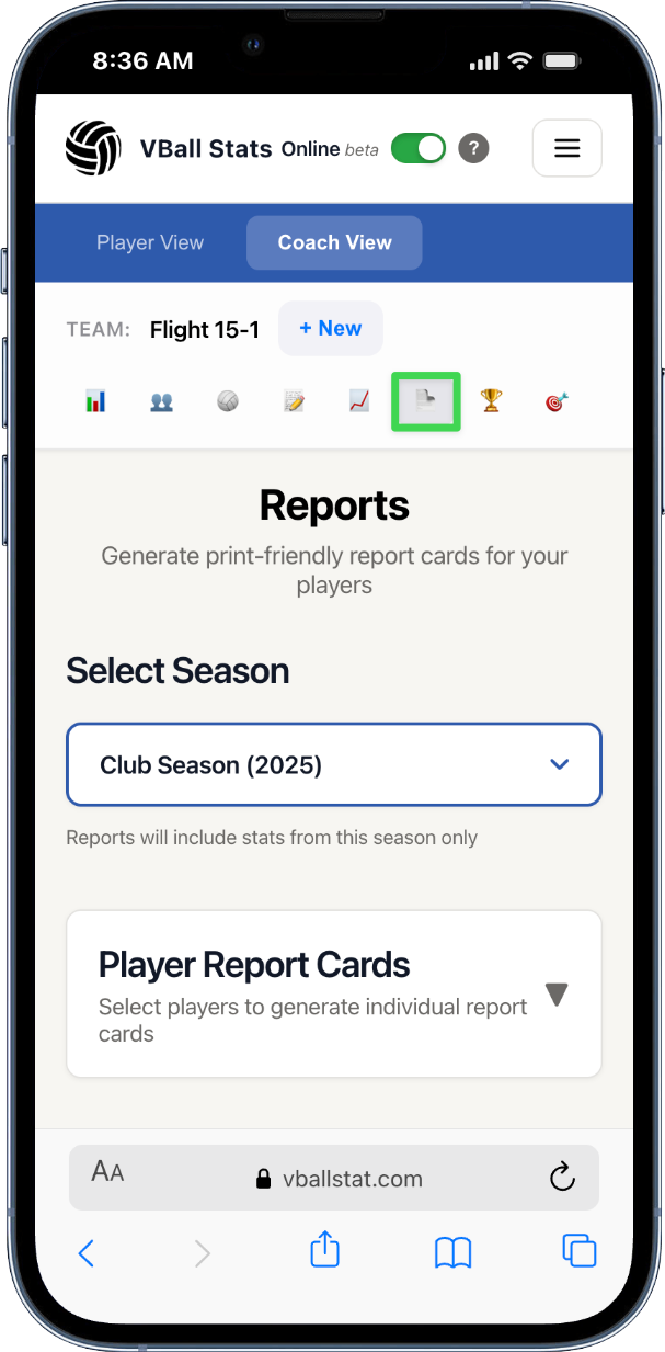 VBallStats Mobile Coach Reports