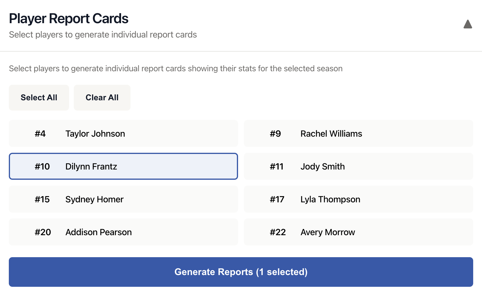 VBallStat Player Report Card Selection