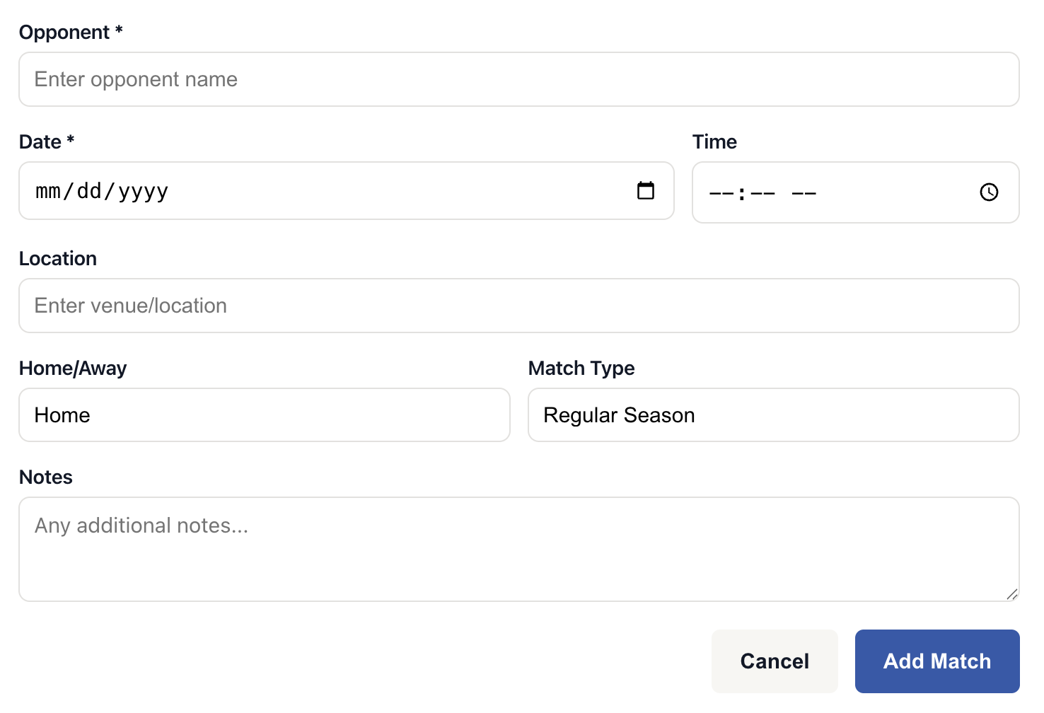 VBallStat Add Match to Schedule Form