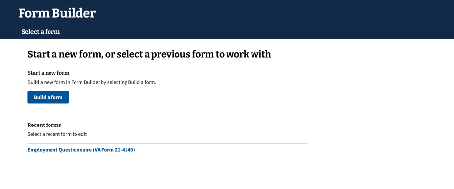 The home page of the VA CMS Form Builder tool