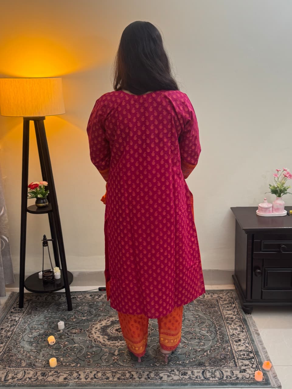ম্যাজেন্টা অরেঞ্জ এমব্রয়ডারি থ্রি-পিস