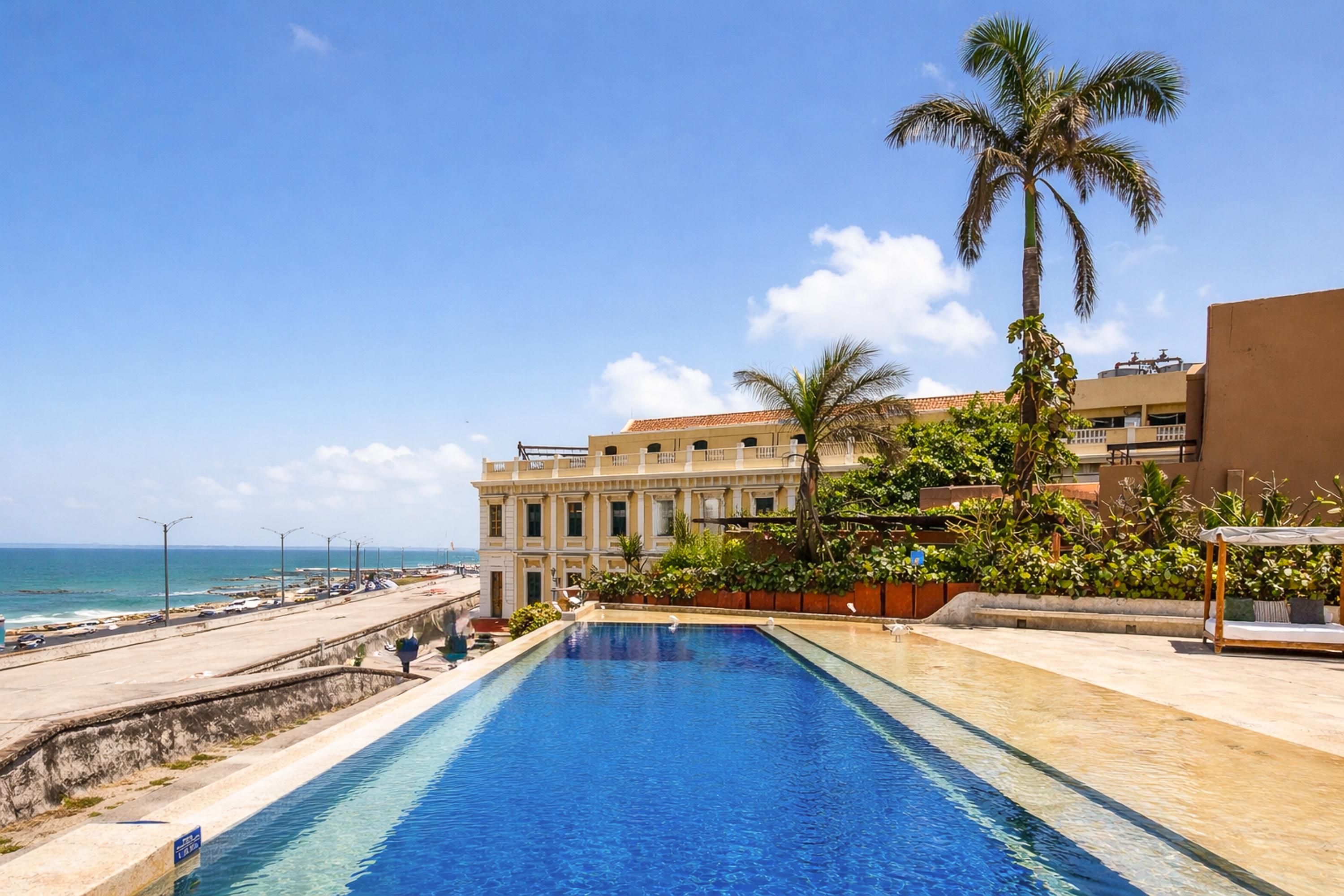 Piscina con palma y mar