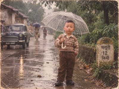 1980s Monsoon childhood photo on quiet rainy road with umbrella and lush greenery