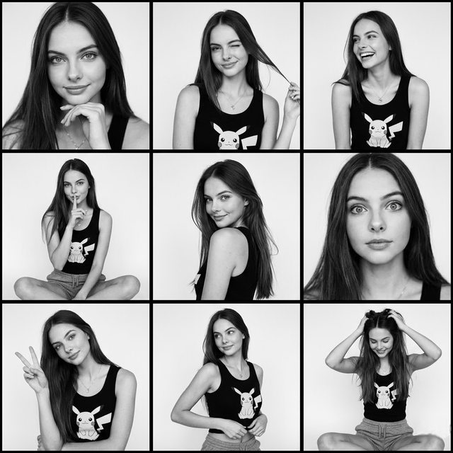 After-Black & White Fashion Contact Sheet Playful Poses in a 3x3 Grid