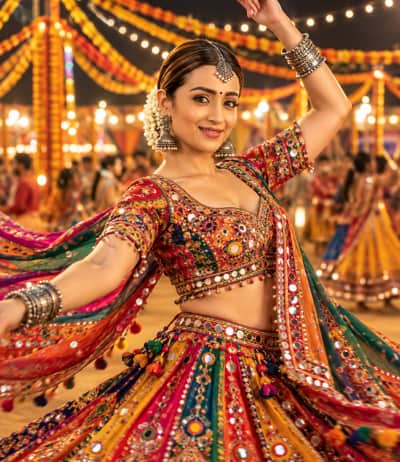 Vibrant Navratri Garba Portrait — Multicolor Chaniya Choli & Mirror Work