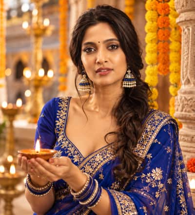 Elegant Traditional Indian Portrait — Royal Blue Festive Outfit with Diya