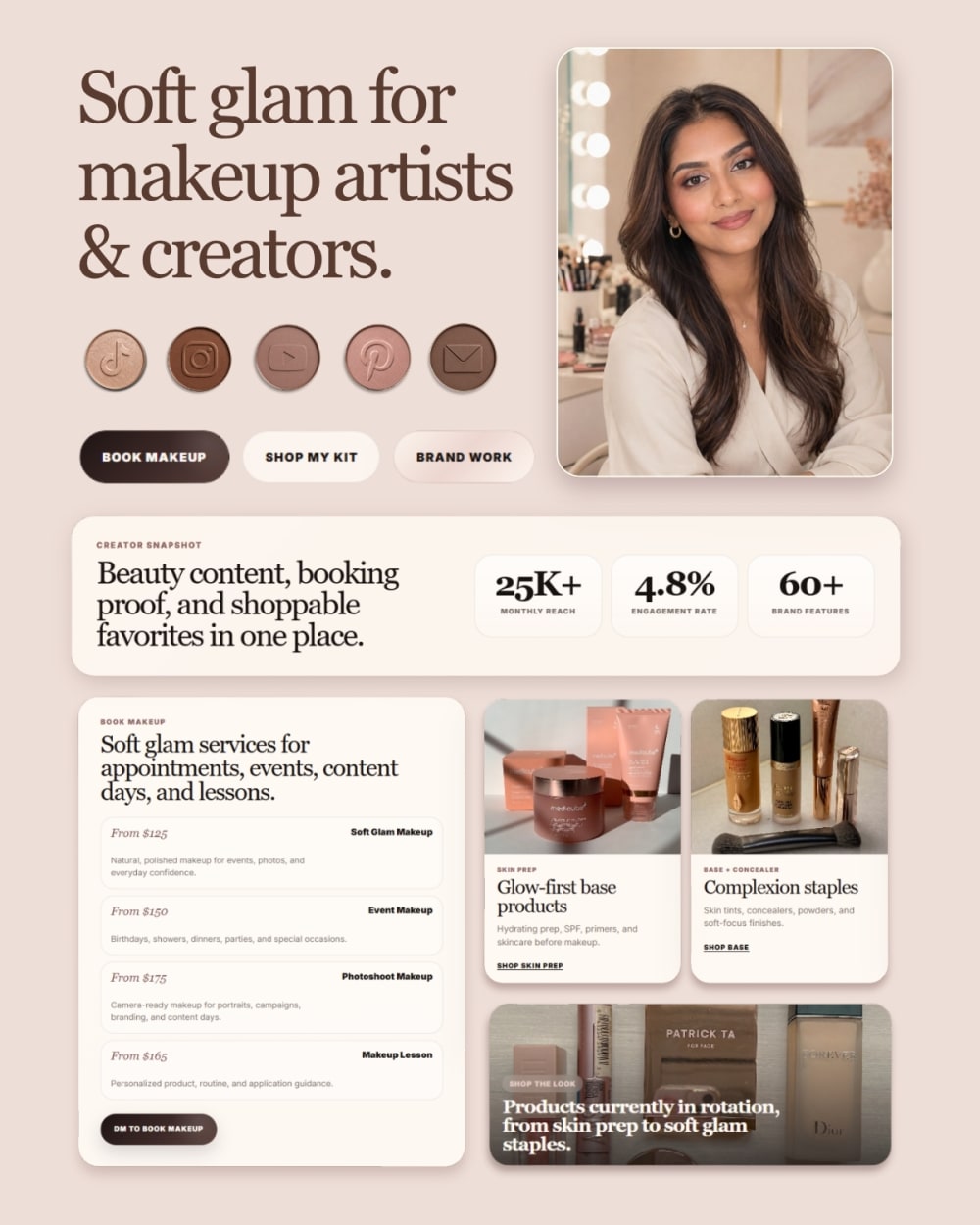 Soft Glam Edit custom beauty creator website demo for services and UGC proof