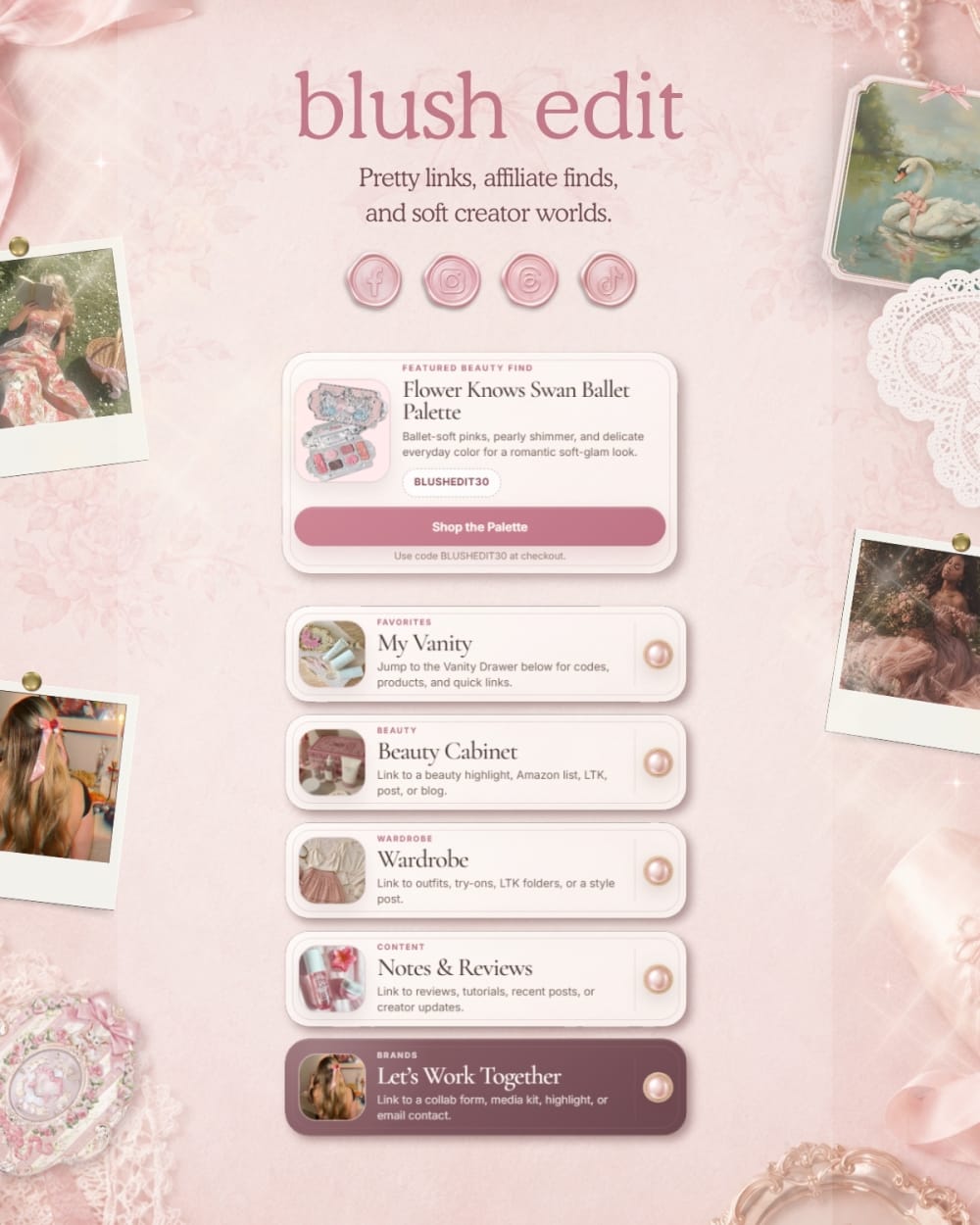 Blush Edit custom creator link site demo for beauty and affiliate creators