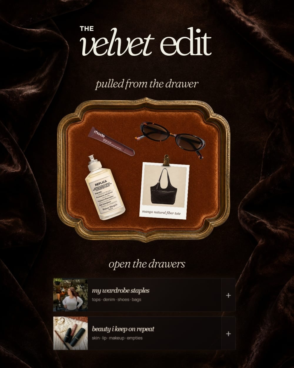 Velvet Edit creator fashion, beauty, and lifestyle link site demo with product drawers and brand mirror