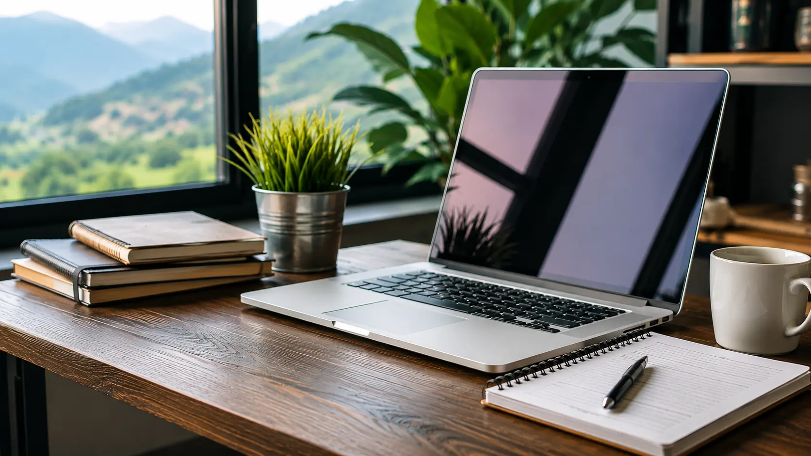 Modern freelance writing workspace with laptop, notebook, coffee mug, and indoor plants on a wooden desk near a large window overlooking scenic mountains in natural daylight.