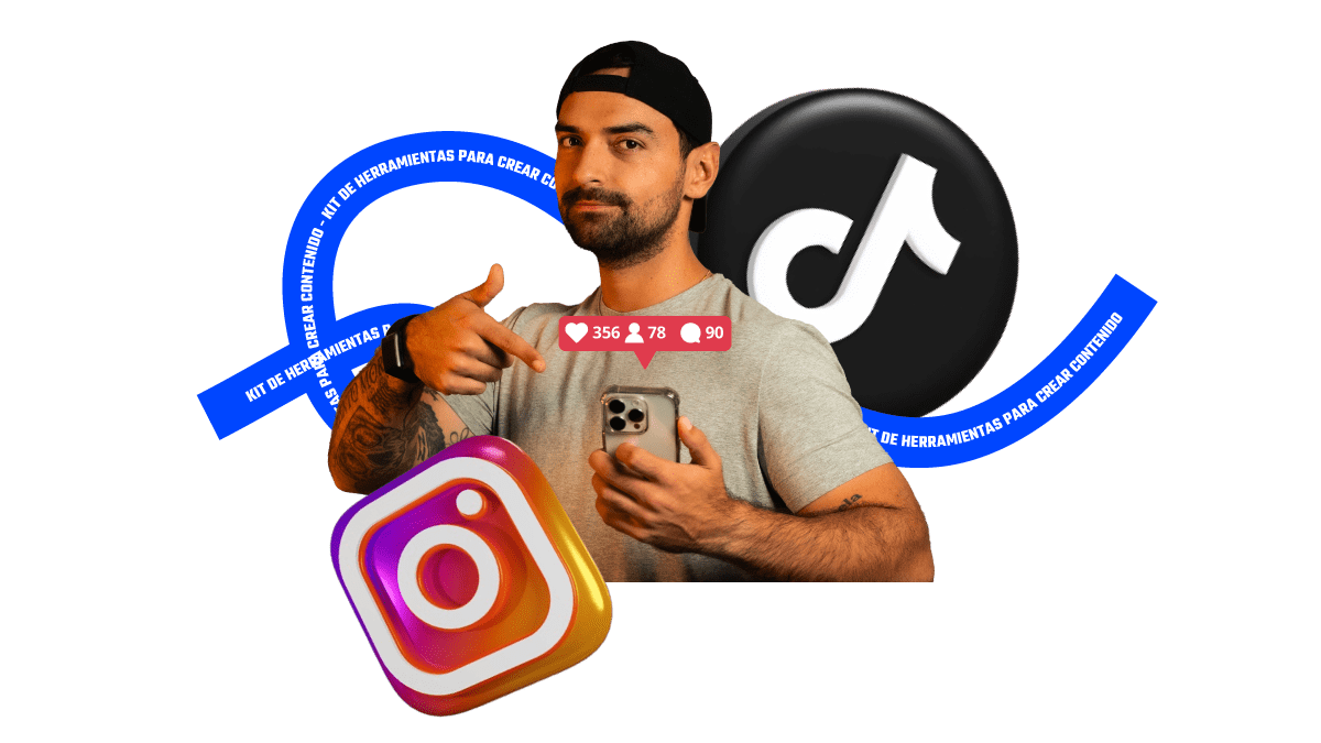 Creador de contenido de Converzzo con su celular, rodeado de los íconos de TikTok e Instagram