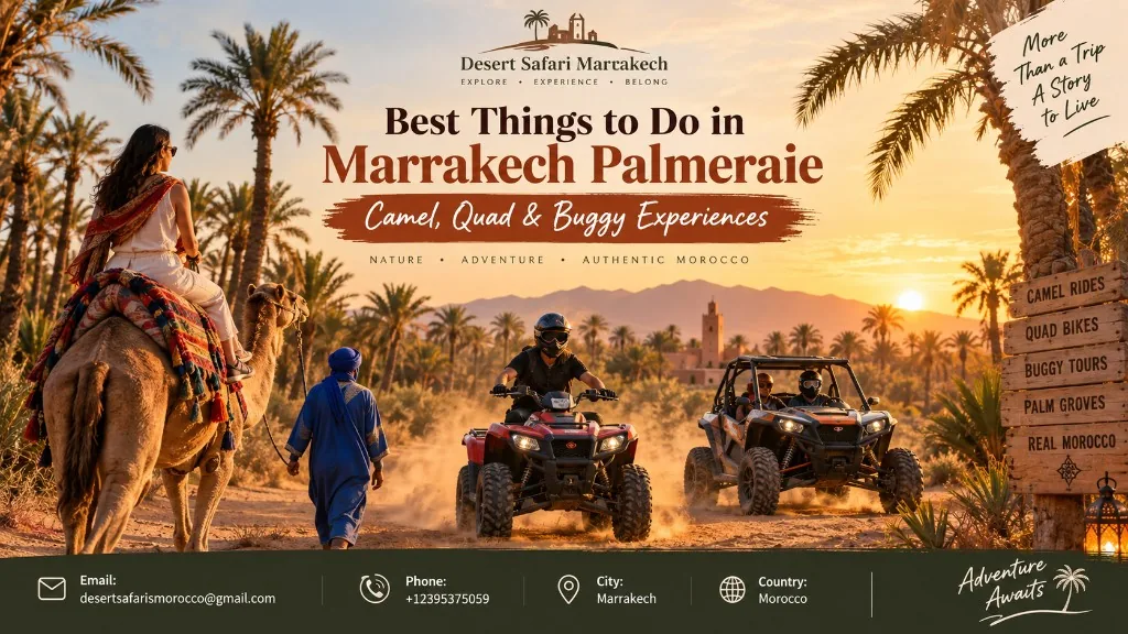 Camel ride, quad bike and buggy among palm trees in Marrakech Palmeraie