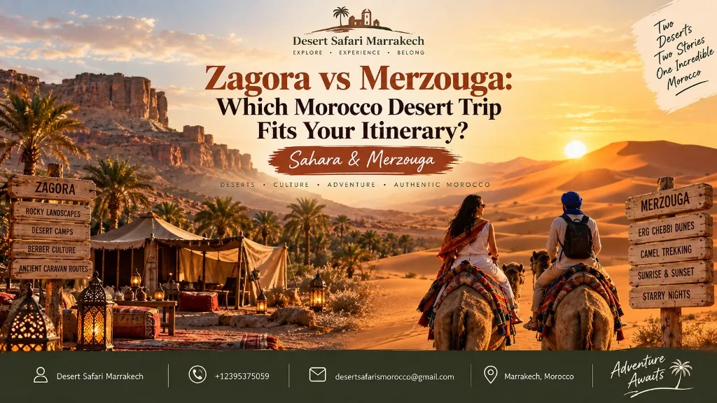 Comparison of Zagora and Merzouga desert trips in Morocco with dunes, camps and camel travel