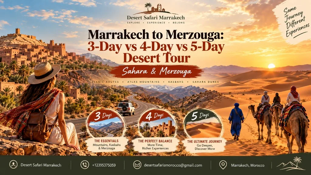Marrakech to Merzouga desert tour comparison for 3-day, 4-day and 5-day itineraries