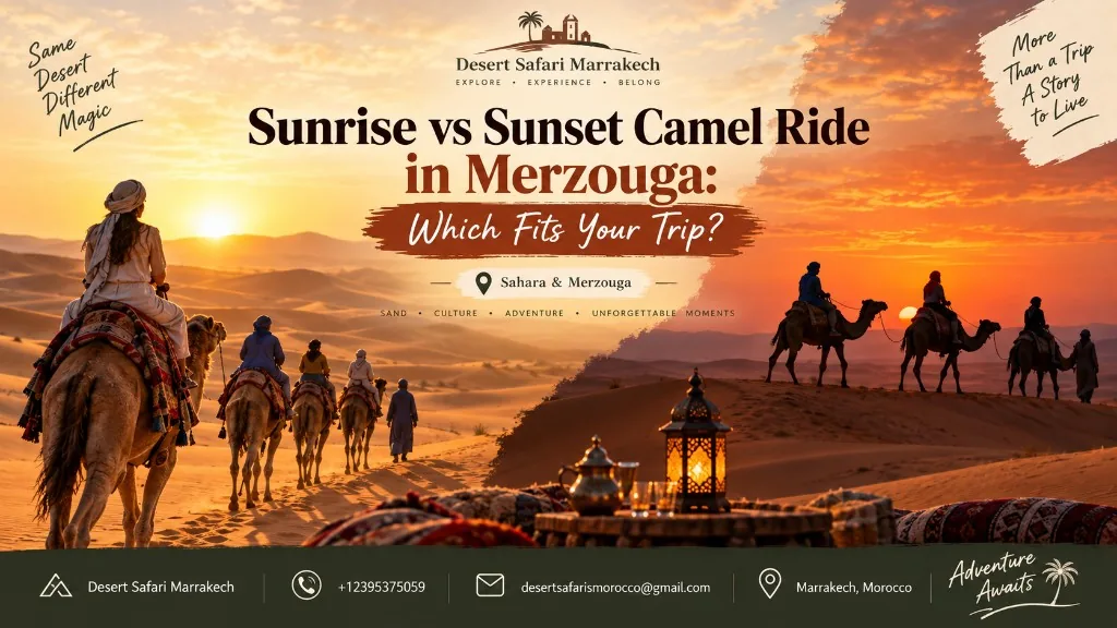 Sunrise versus sunset camel ride in Merzouga with Sahara dunes and desert caravan
