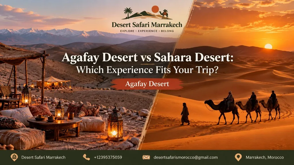 Split view comparing rocky Agafay landscape and Sahara dunes at Merzouga