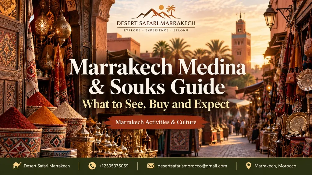 Narrow Marrakech medina lane filled with traditional souk shops and crafts