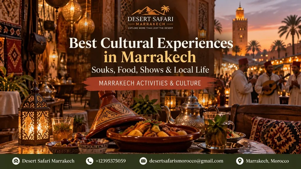Traditional Moroccan cultural evening with food, music and warm Marrakech atmosphere