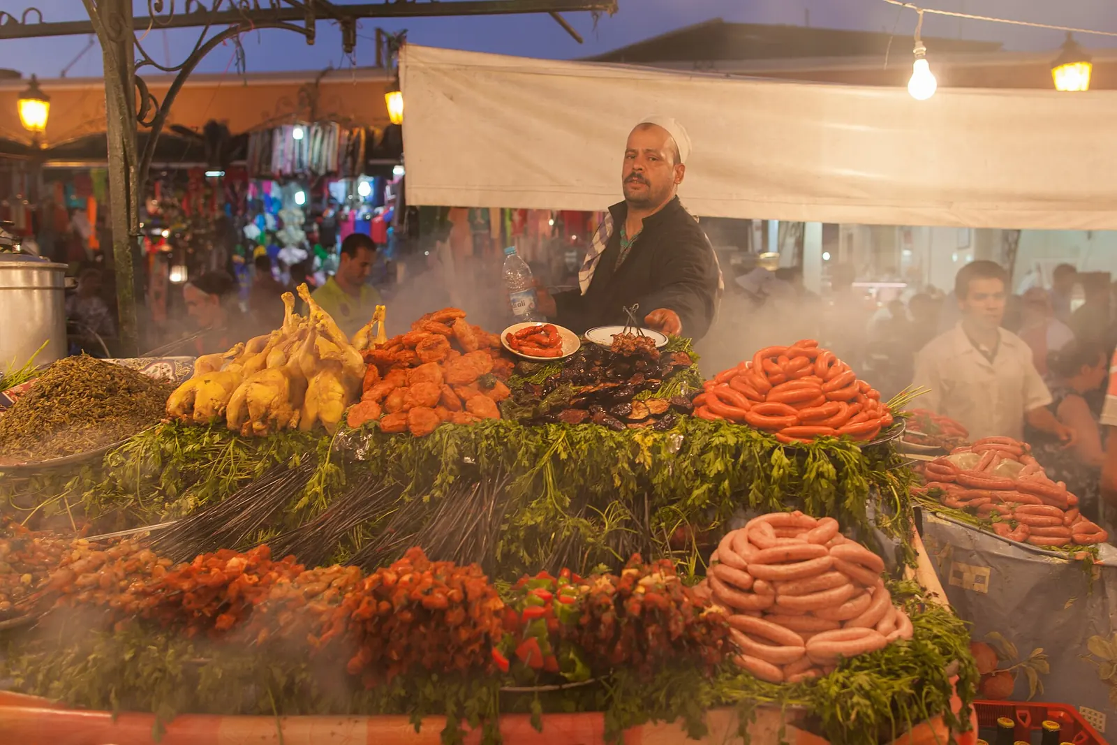 Food stall with grilled sausages and vegetables at Jemaa el-Fna, Marrakech